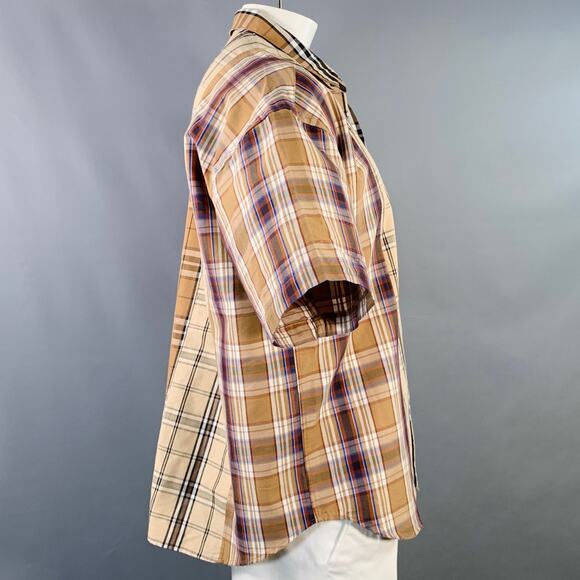 BEAMS HEART Size L Brown Black White Plaid Cotton Blend Snaps Short Sleeve Shirt - Picture 2 of 5